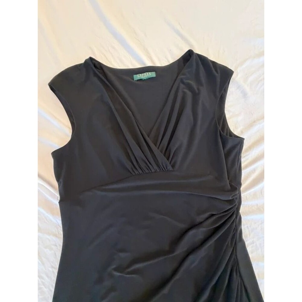 Lauren Ralph Lauren Womens Black V-Neck Ruched Faux Wrap Sheath Dress Est Large
